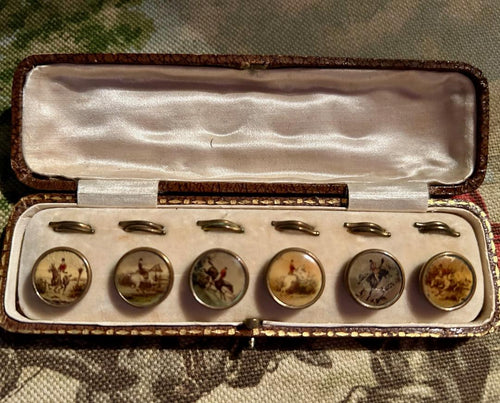 Button Antique Set of Six Fox Hunting Scenes in Brass with Original Case