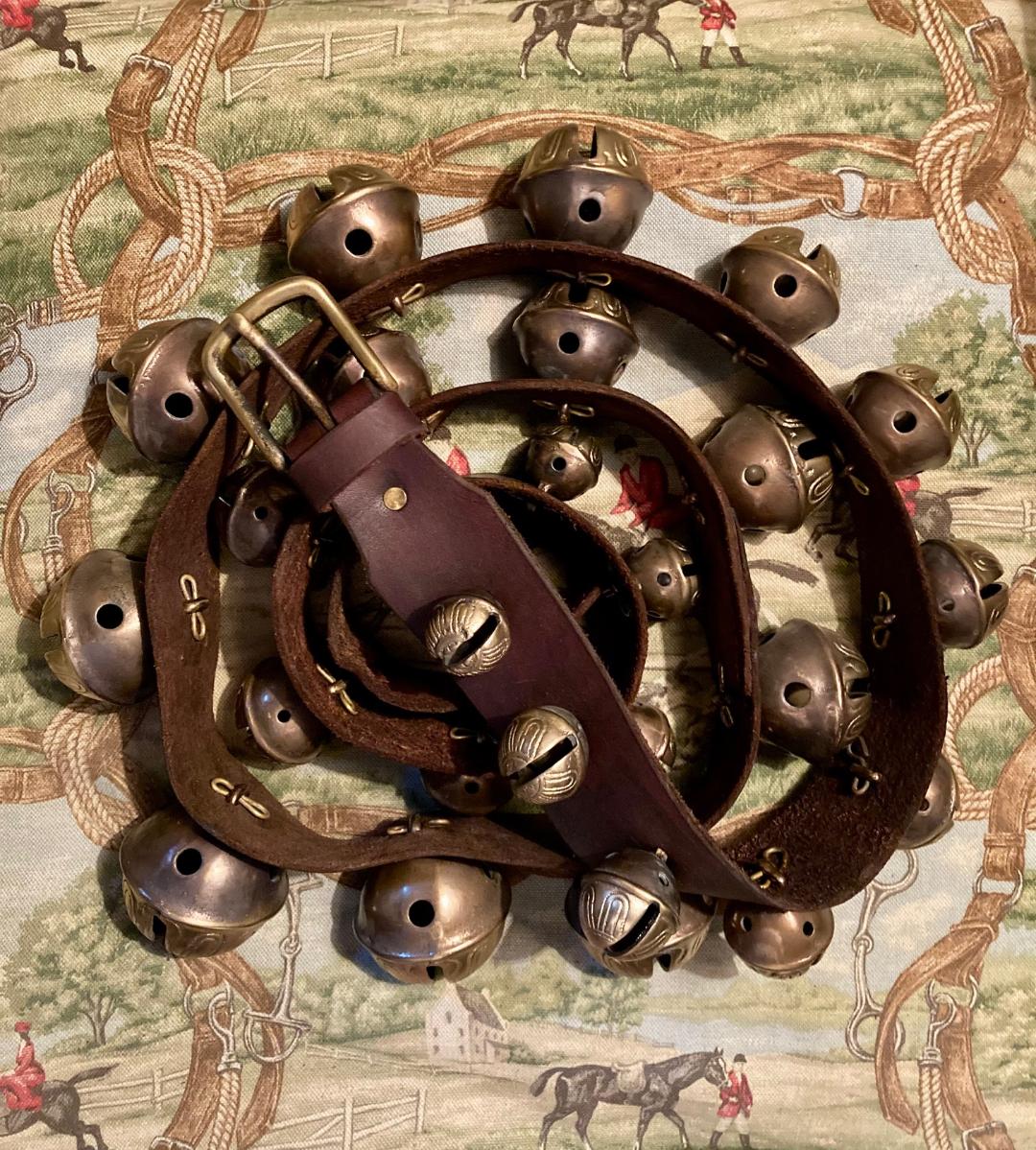 32 Brown, Antique Brass Sleigh Bells on Strap, Leather, #C-2128
