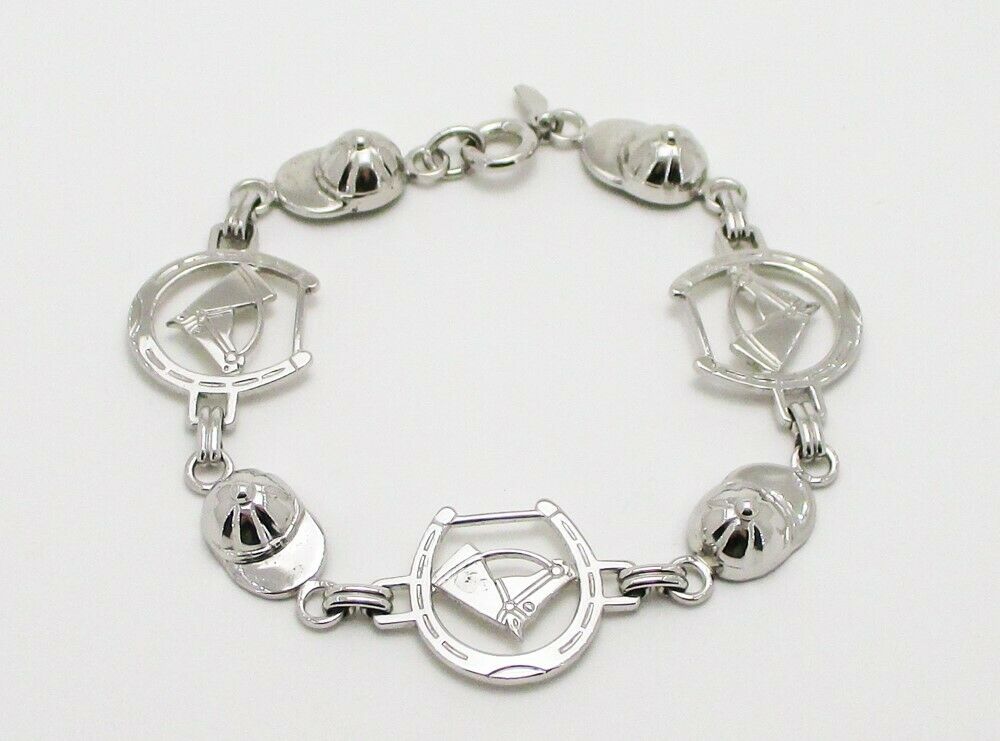 Bracelet Sterling Silver Link Featuring Horse Profile Inside Horseshoes and Jockey Caps