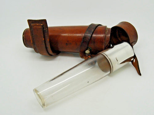 Flask - Gentleman's Antique Riding Flask with Leather Holster and Sterling Bayonet Cap and Cup