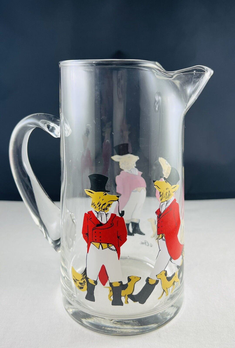 Hand-Painted Fox-Hunter w/ Horse Glass Cocktail Pitcher