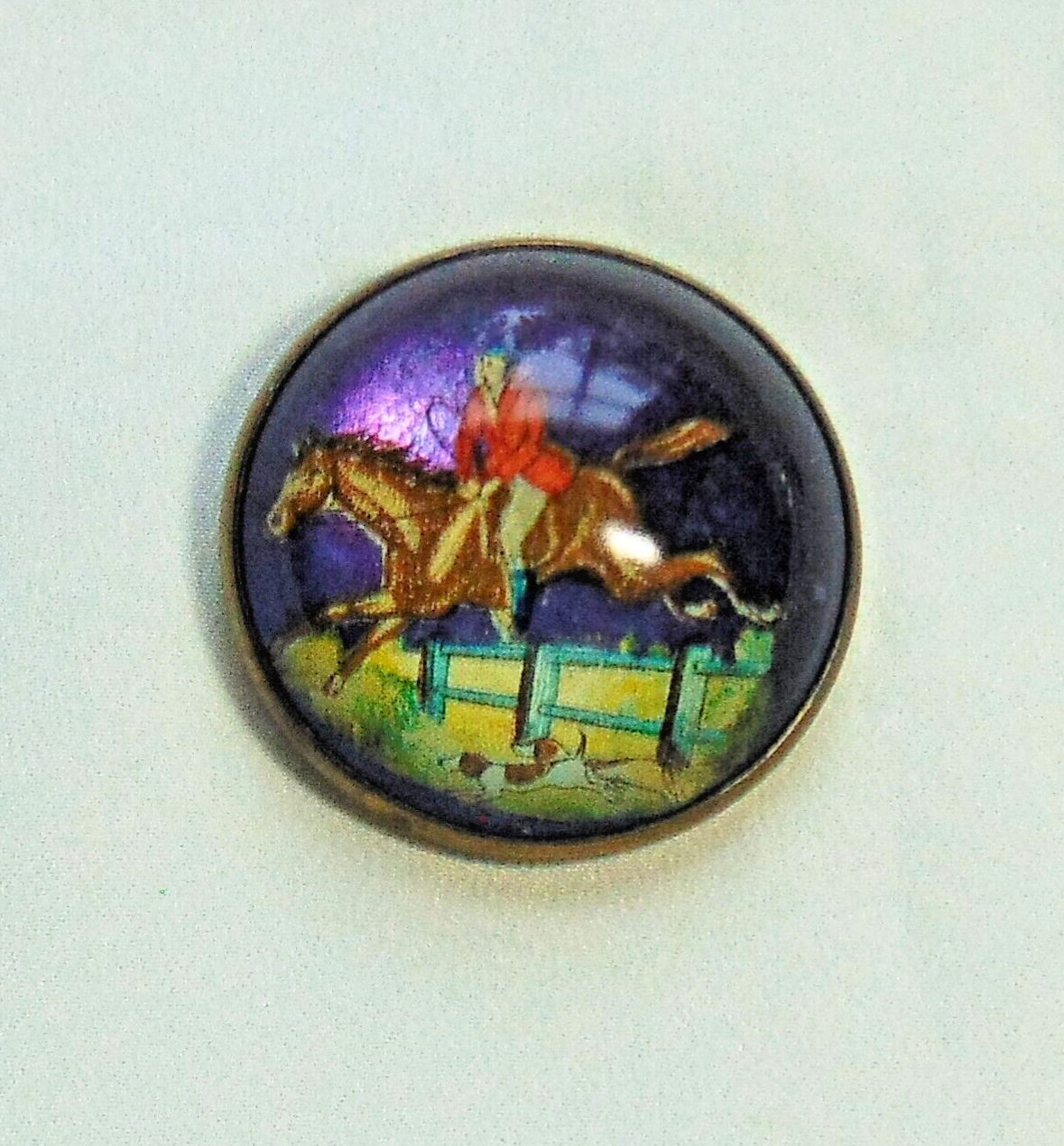 Brooch Bridle Rosette Fox Hunter with Hounds on Royal Blue Background