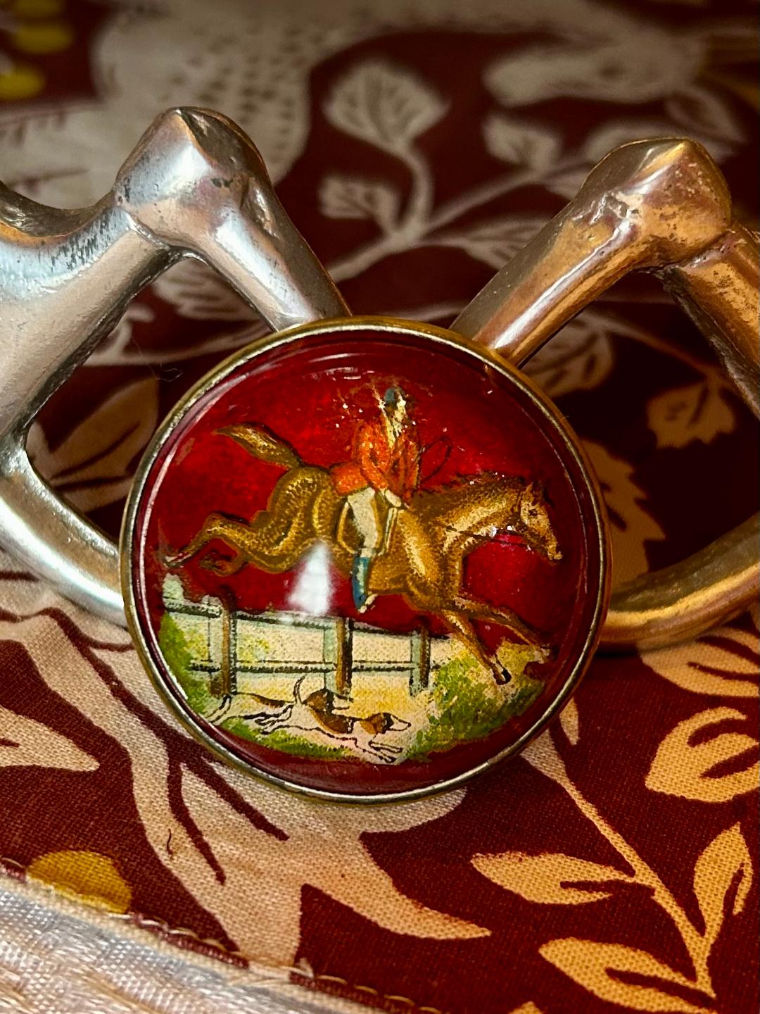 Brooch Rosette Fox Hunter Taking a Fence with Hounds