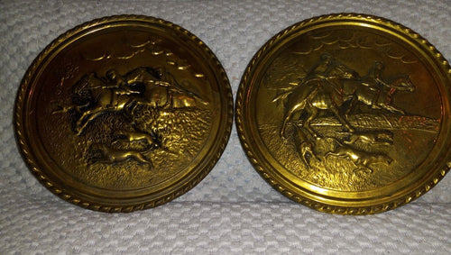 Plates Vintage Brass Chargers with Fox Hunt Images Set of Two Made In England