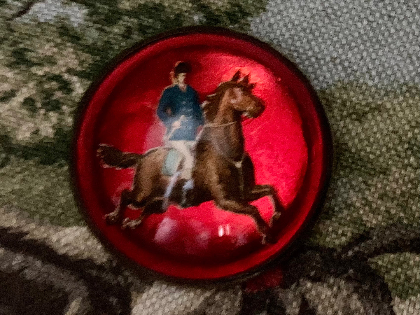 Brooch Vintage Rosette Foxhunter Galloping a Chestnut Horse on Red Background