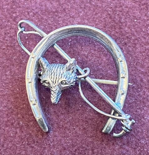 Brooch Antique Sterling Silver Horseshoe Whip and Fox Mask Form