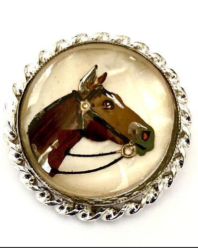 Brooch Reverse Painted Carved Crystal in a Sterling Silver FrameVintage