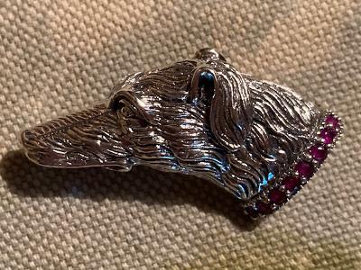 Brooch Sterling Silver Greyhound or Lurcher Profile Form with Ruby Collar
