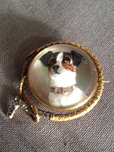 Brooch Reverse Intaglio Russell Terrier 18 kt Yellow Gold and Rose Diamond Hunt Whip Frame