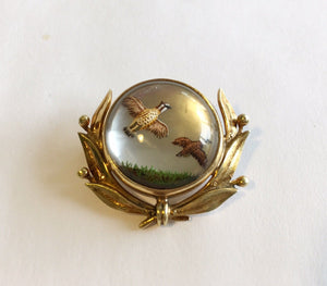 Brooch Reverse Carved Painted Crystal Brace of Quail 14 kt Yellow Gold