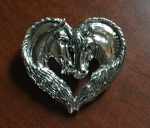 Brooch/Pendant Sterling Silver Double Horse Profile with Ruby Eyes in a Horse Mane Heart Frame Form