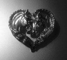 Brooch/Pendant Sterling Silver Double Horse Profile with Ruby Eyes in a Horse Mane Heart Frame Form