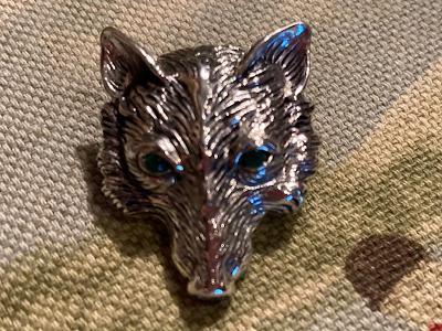 Brooch or Pendant Fox Mask Sterling Silver and Emeralds