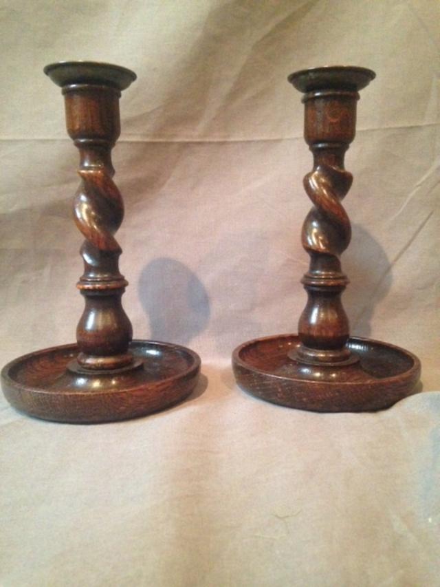 Candlesticks Antique Jacobean Revival English Oak Barley Twist Form Known Provenance