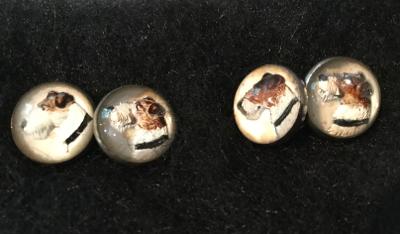 Cuff Links Fox Terrier Reverse Painted Crystal Silver Plate Frames Vintage