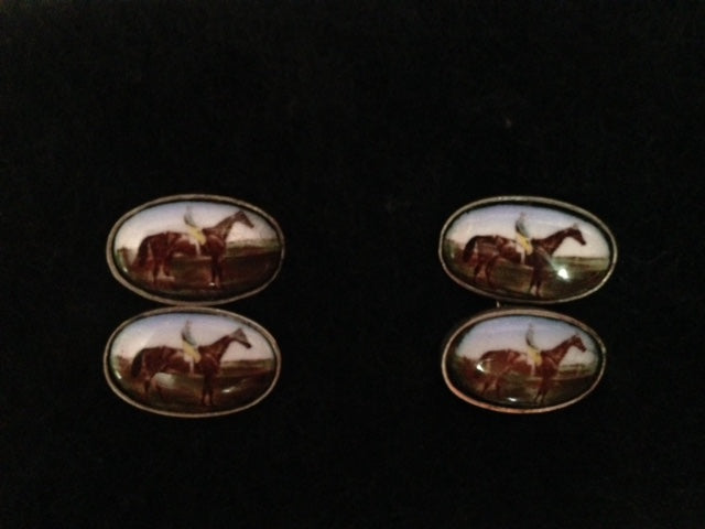 Cuff Links Sterling Silver and Porcelain Horse and Rider