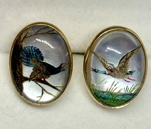Earrings Reverse Intaglio and 14kt Yellow Gold Vintage Pierced Earrings Canada Goose and American Turkey