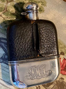Flask Vintage Gentlemen Sterling Silver Glass and Leather