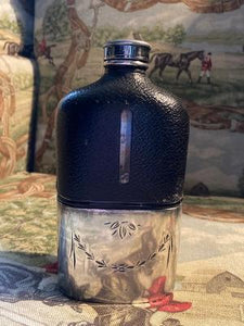 Flask Vintage Glass Engraved Stainless and Leather Eight+ Ounces