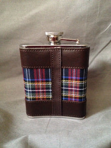 Flask - Bark Bay - Stainless Steel - Leather - Blue Plaid Fabric - Engravable