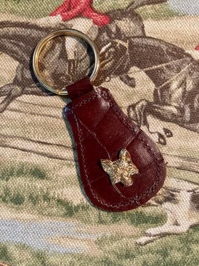 Key Fob New Amberhill Collections Embossed Cocoa Brown Leather with Fox Mask