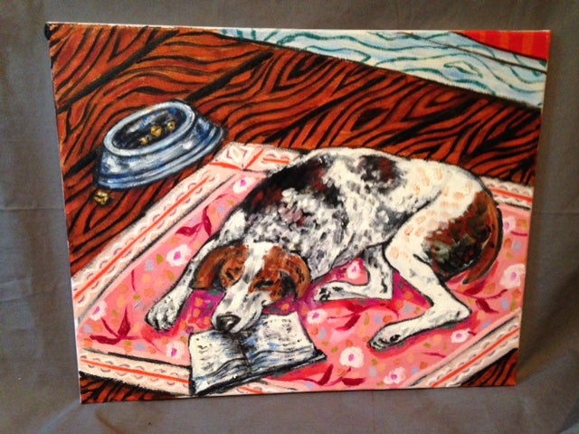 Art Original Acrylic Jay Schmetz Impressionism American Fox Hound Sleeping With a Book