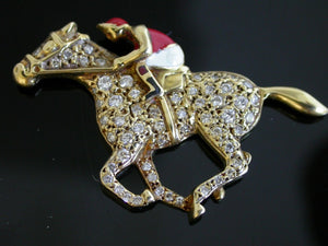 Pendant 18 kt Gold and Diamond Enamel Race Horse and Jockey Form Known Provenance