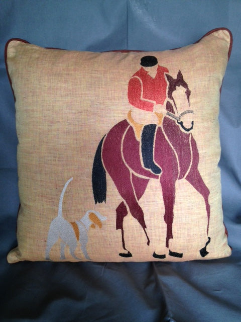 Pillow  Huntsman with Hound  Hand Embroidered New Linen Pillow