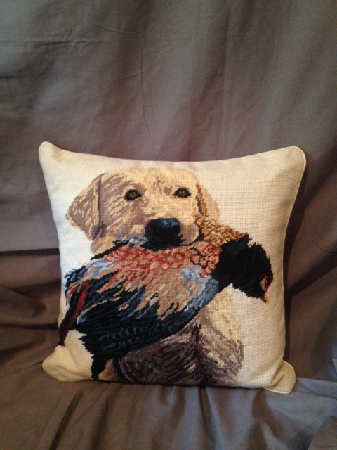 Pillow Wool Needlepoint Atta Girl Labrador Retrieving a Pheasant New
