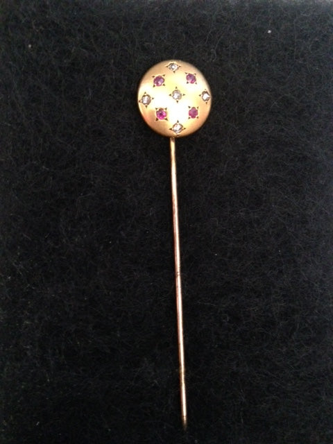 Stick Pin or Hat Pin 14 kt Yellow Gold with Diamonds and Rubies