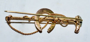 Stock Pin 9ct Yellow Gold Hunt Whip With Lash and Horseshoe Form
