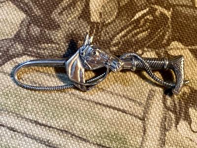 Stock Pin Vintage Sterling Silver Hunt Whip Form with Horse Bust Profile