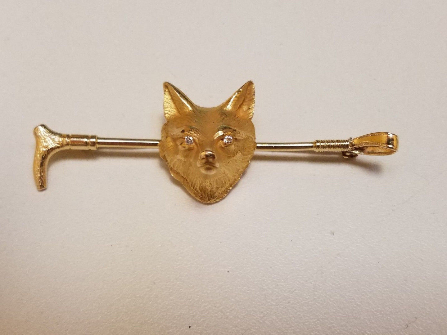 Stock Pin Fox Mask on Hunt Whip Form 14 kt Yellow Gold and Diamonds