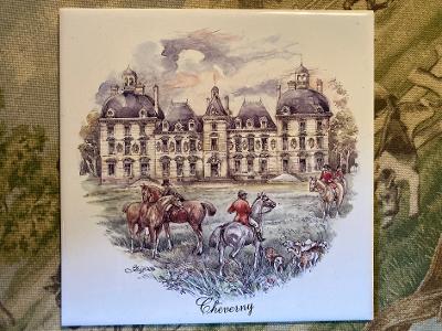 Tile Decorative Porcelain With Cheverny Chateau and Mounted Hunters