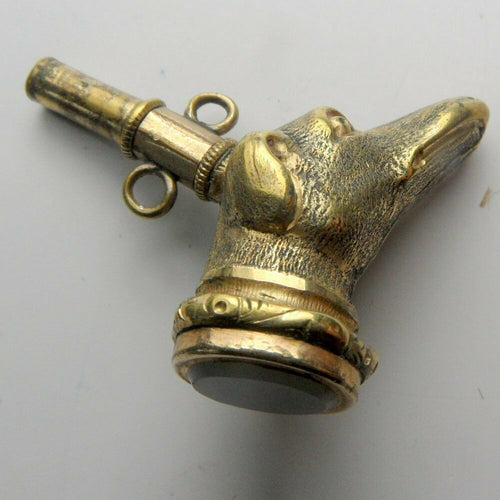 Watch Fob Hound Form Edwardian Period Brass with Moonstone Base