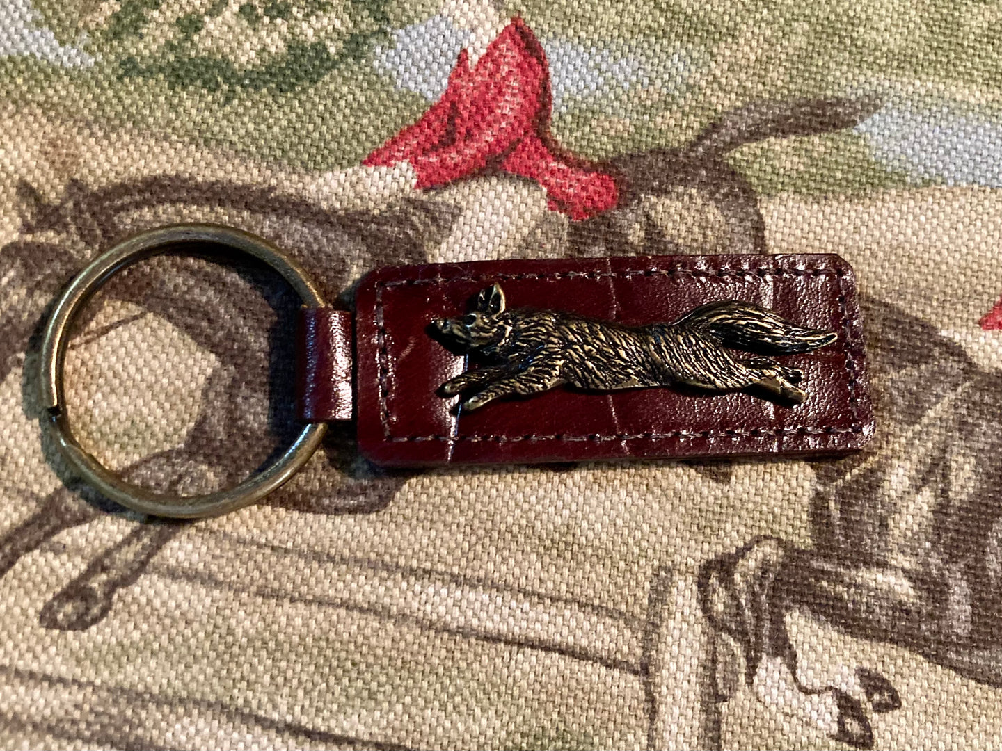 Key Fob New Amberhill Embossed Cocoa Brown Leather with Running Fox